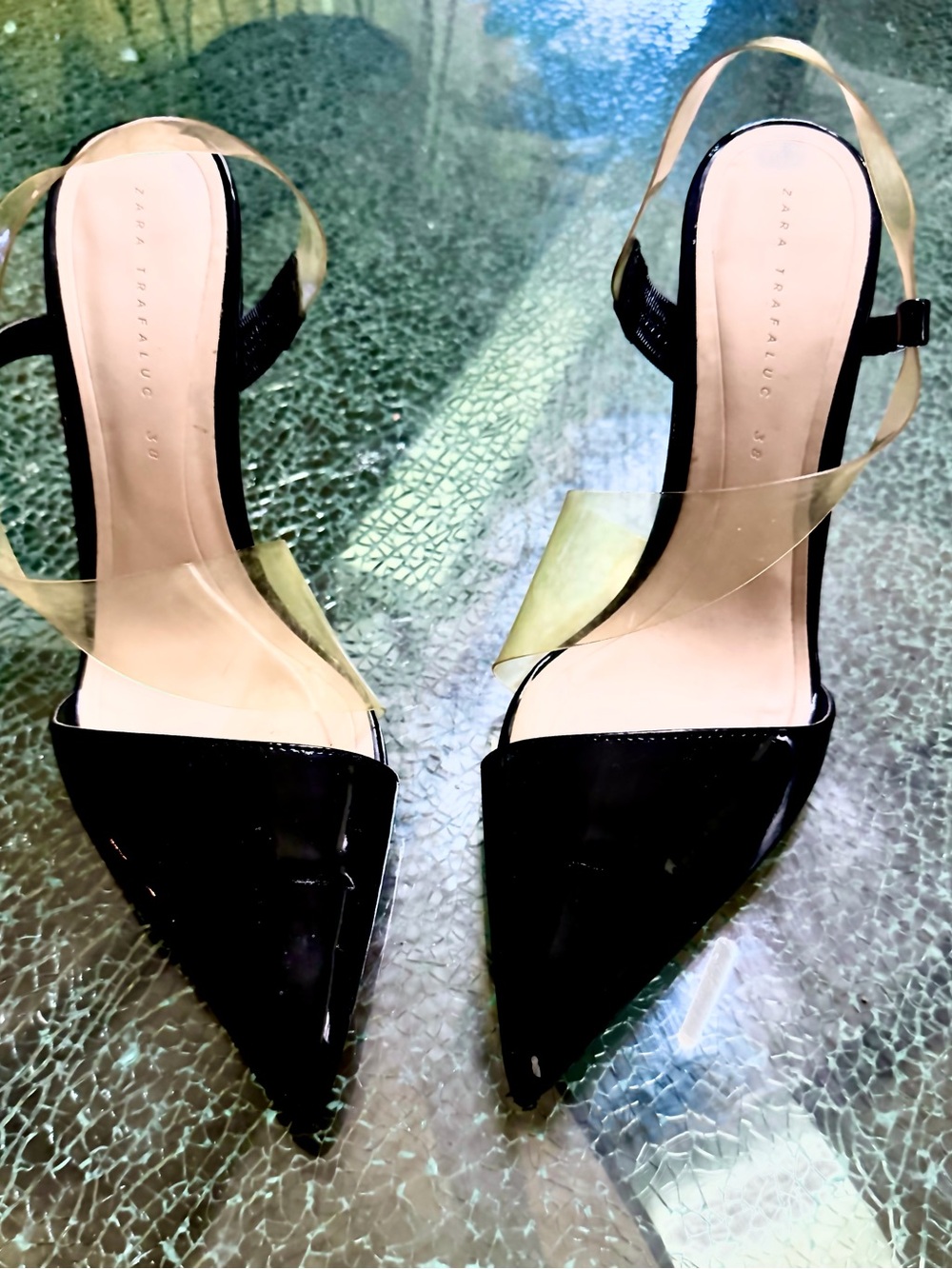 Zara Black Pointed PVC Strap Slingback Heels
